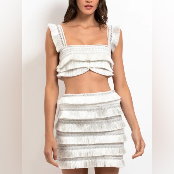 PatBO Dresses & Skirts - PatBO White Fringe Crop Top & Mini Skirt Set